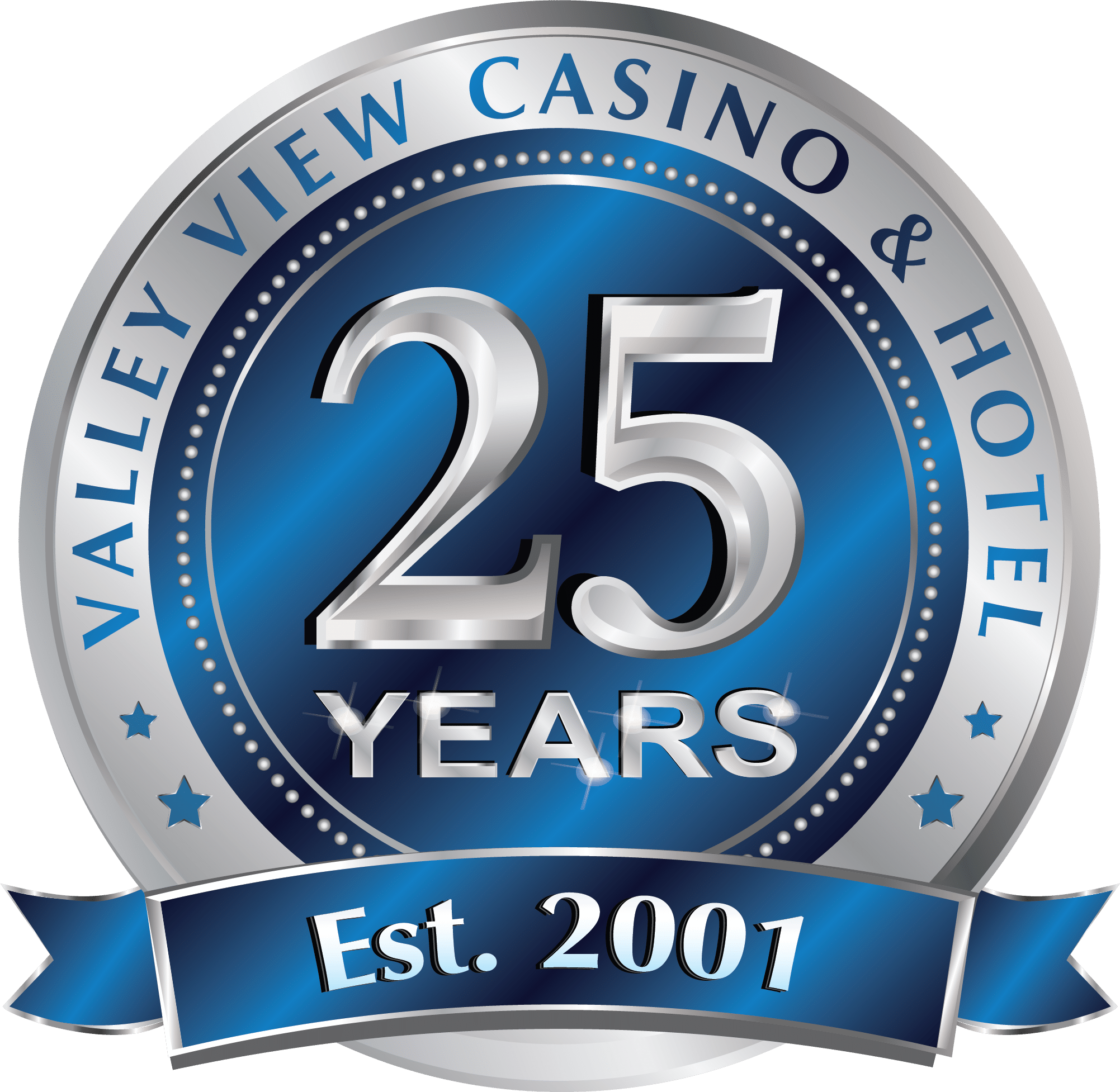 Valley View Casino 25-Year Celebration logo highlighting gaming, dining, and entertainment in Valley Center, California.
